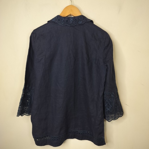 Lafayette 148 Linen Shirt Tunic Embroidered Eyelet Navy - Picture 6 of 9